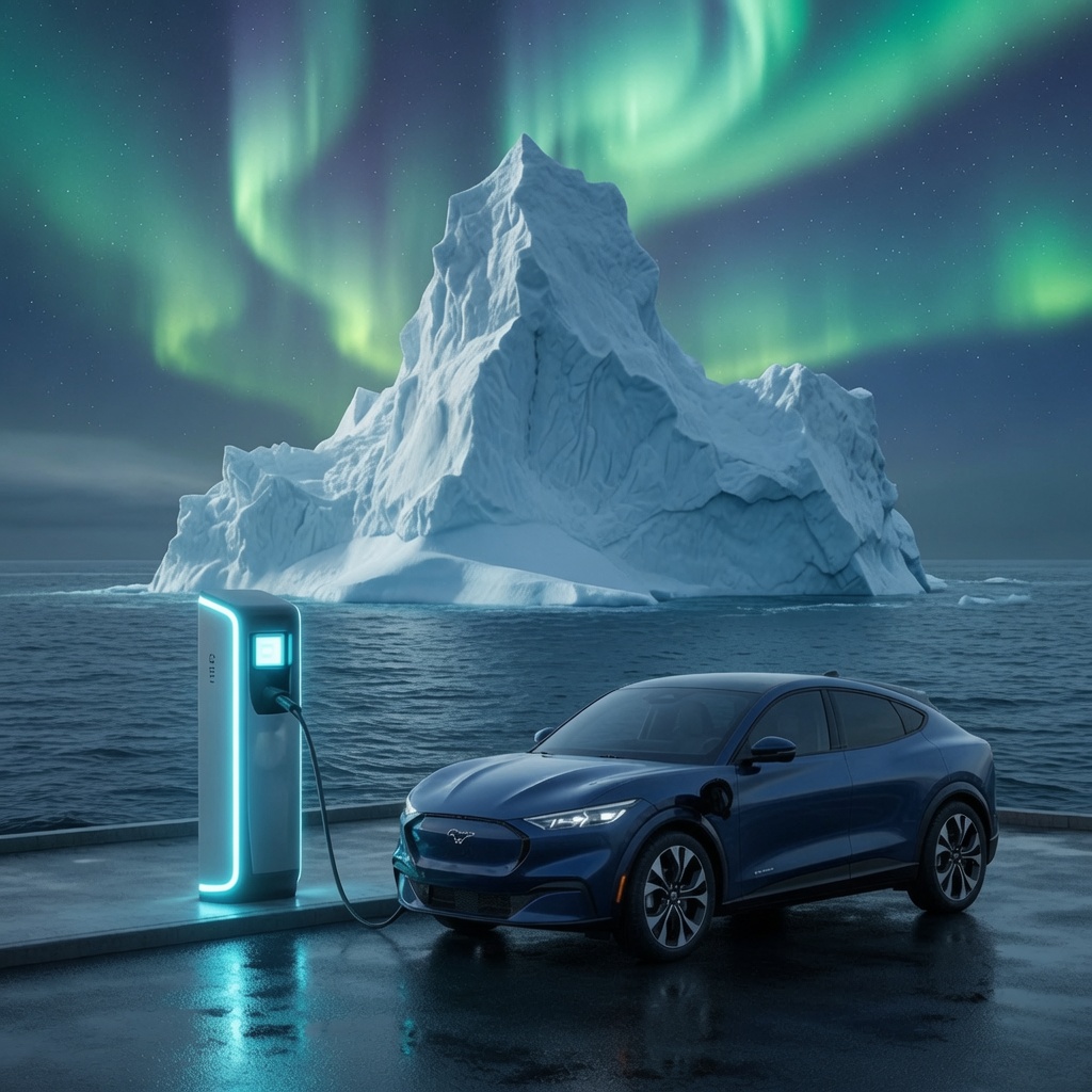 A Ford Mustang Mach-E charging at an Iceberg EV station beneath the northern lights, with an iceberg on the water